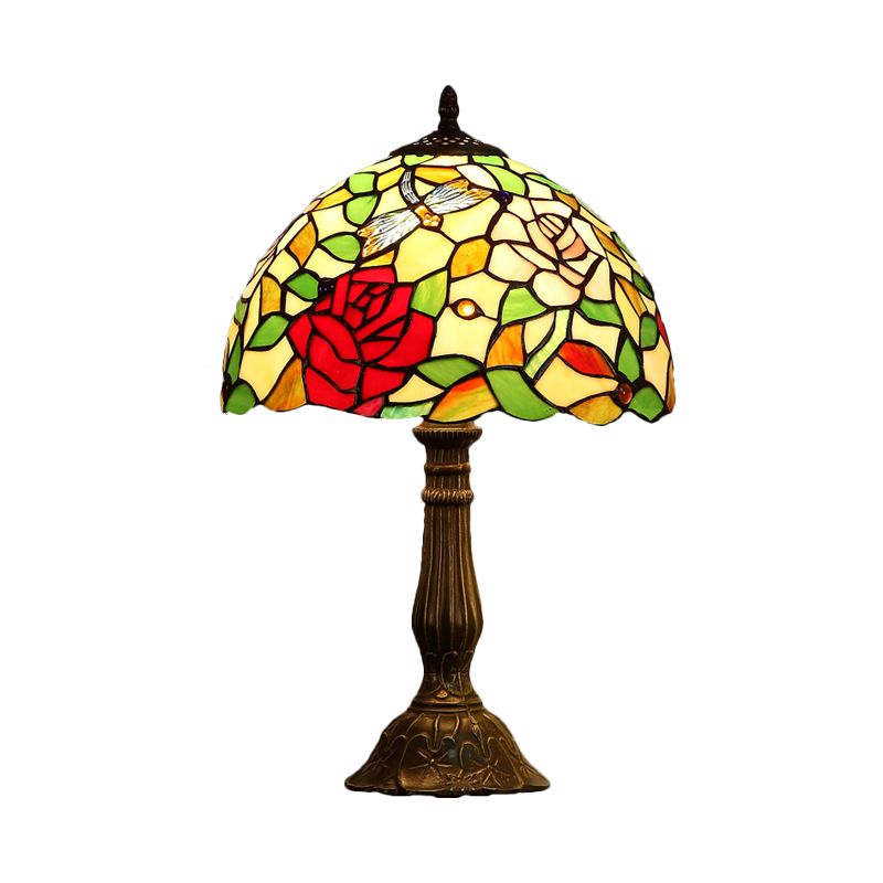 Tiffany Bowl Shade Table Light 1 Bulb Hand-Crafted Art Glass Nightstand Lamp with Rose Pattern in Bronze