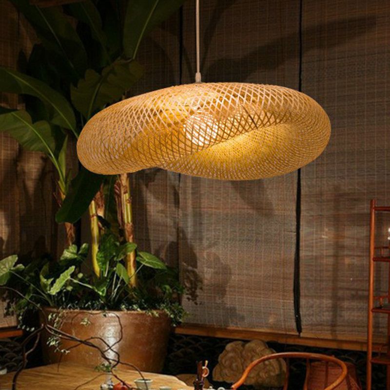 Bamboo Mesh Pendant Light Fixture Creative Asian 1-Light Beige Suspension Light for Tea Room