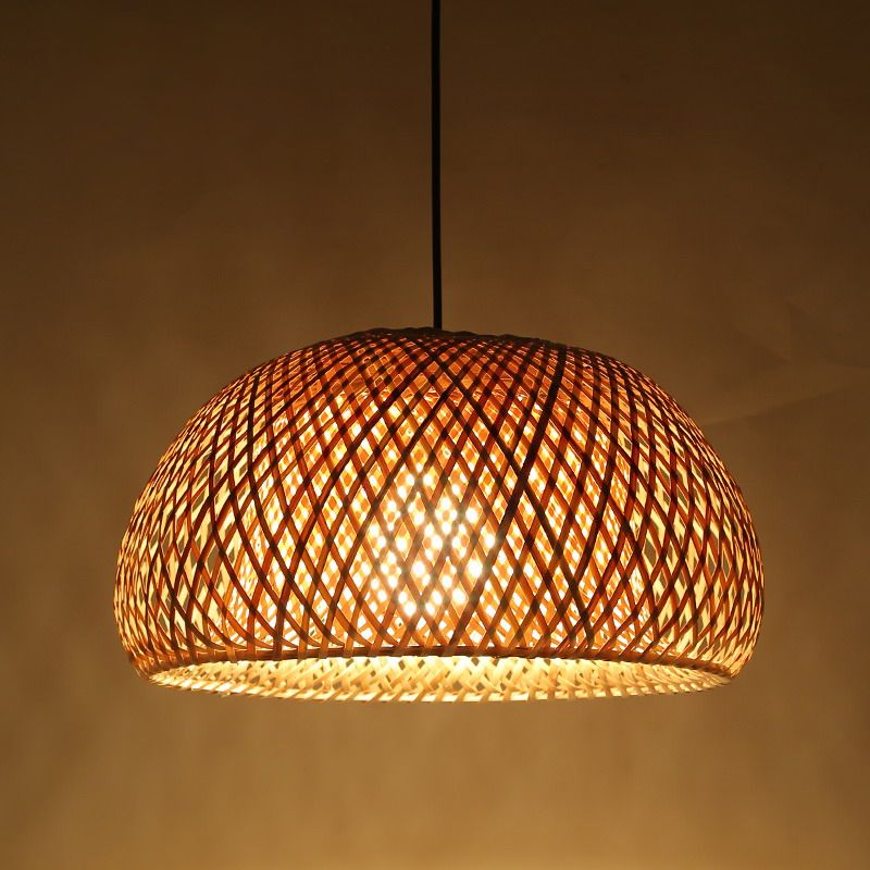 Double Dome Shade Bamboo Hanging Light Asia 12 "/ 15" de large 1 tête de tête de tête beige pour salon