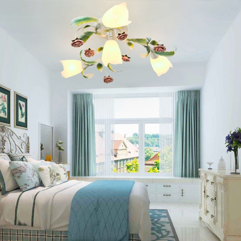 Floral Bedroom Ceiling Mount Chandelier Pastoral Frost Glass White Semi Flush Mount Lighting