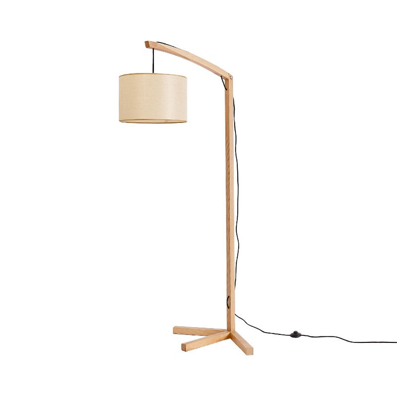 Cylinder Fabric Reading Floor Lamp Modern 1 Bulb Wood Floor Light with Bow Pole and Three-Foot Stand