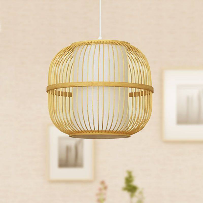 Beige Oblong Ceiling Fixture Contemporary Style 1-Light Bamboo Pendant Lamp with Inner Cylindrical Shade