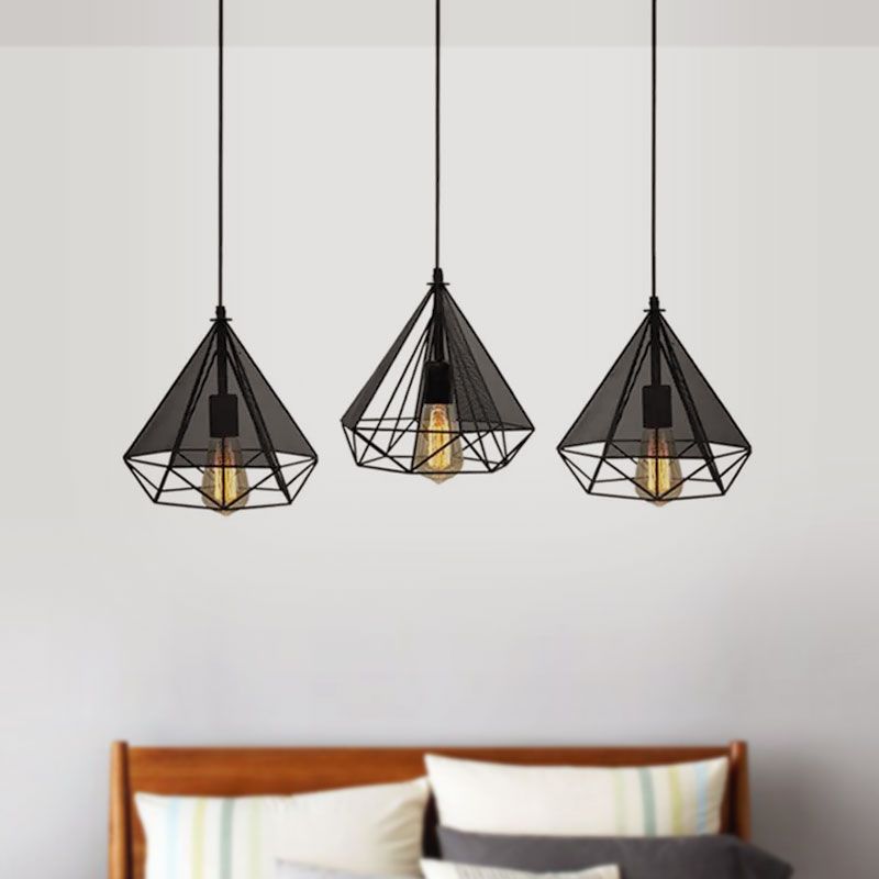 Cage diamante nera Light Hanging Style Retro Metallic 3 teste Sala da pranzo Illuminazione a sospensione con baldacchino rotondo/lineare