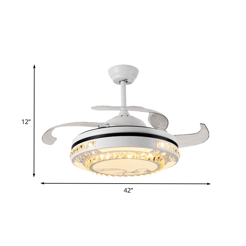 White LED Semi Flushmount Modernist Crystal Circle 3 Clear Blades Ceiling Fan Lamp with Four Rings/Musical Note Pattern, 42" Wide