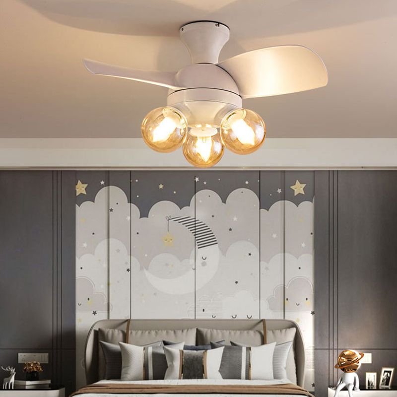 3-Light Kids Pendant Fan Lamp White UFO Semi Flush Mount Light with Glass Shade