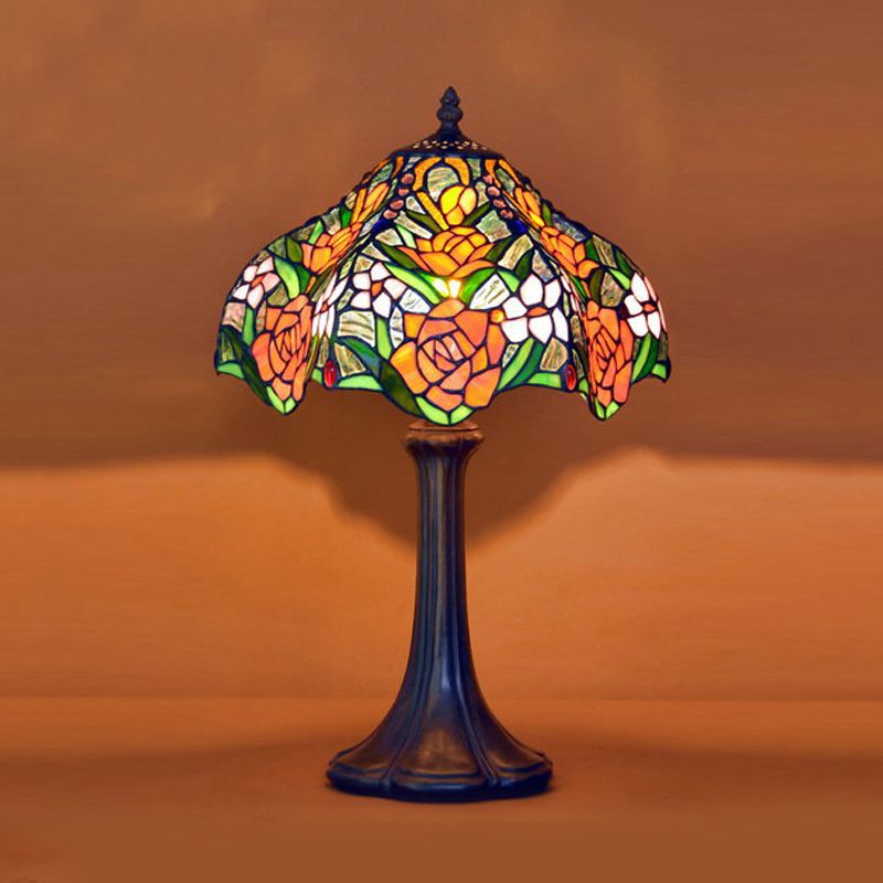 Ridged Shade Night Light Tiffany Stained Rose Patterned Glass Single Coffee Table Lamp