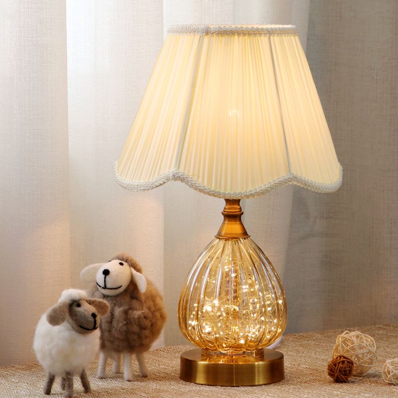 Scalloped Table Light Contemporary Fabric 1 Bulb White Reading Lamp with Brass Glass Body