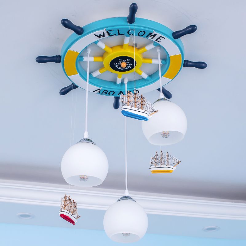 Globe Down Lighting Nautical Opaque Glass 3 Heads Nursery Multiple Lamp Pendant with Rudder Canopy in White