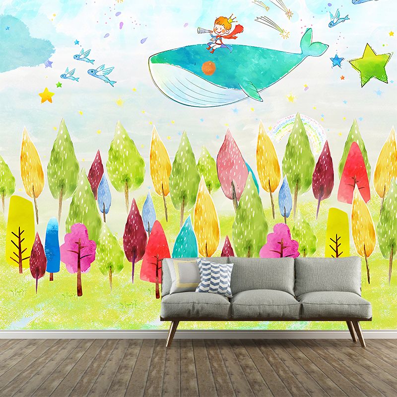 Illustration Whale and Tree Mural Extra Large Wall Covering for Children, Made to Measure