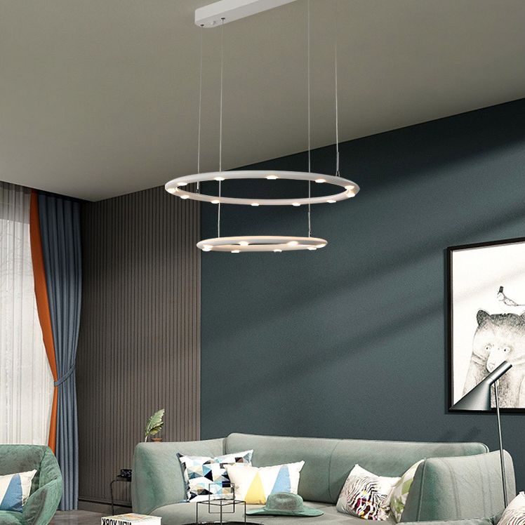 White Halo Ring Chandelier Pendant Minimalist Metal LED Hanging Light for Living Room