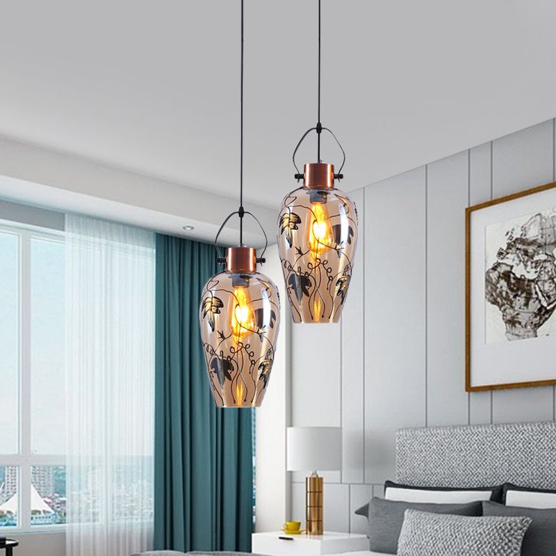 Gold Conical Multi Light Pendant Industrial Amber Glass 2/3 Heads Dining Room Ceiling Lamp with Maple Leaf Pattern