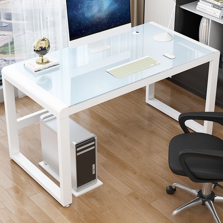 Contemporary Glass-Top Office Desk Antique Finish Computer Desk with Metal Legs