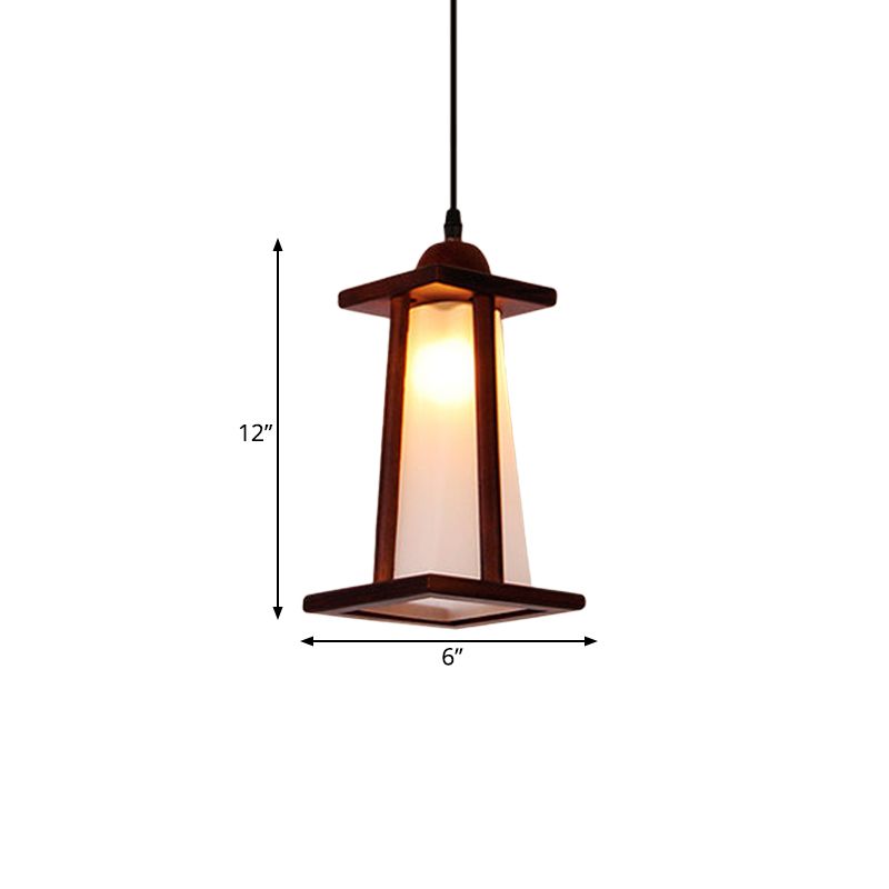 Bruine trapezoid hangende hanglamp vintage wit glas 1-licht keuken suspensielamp met houten frame