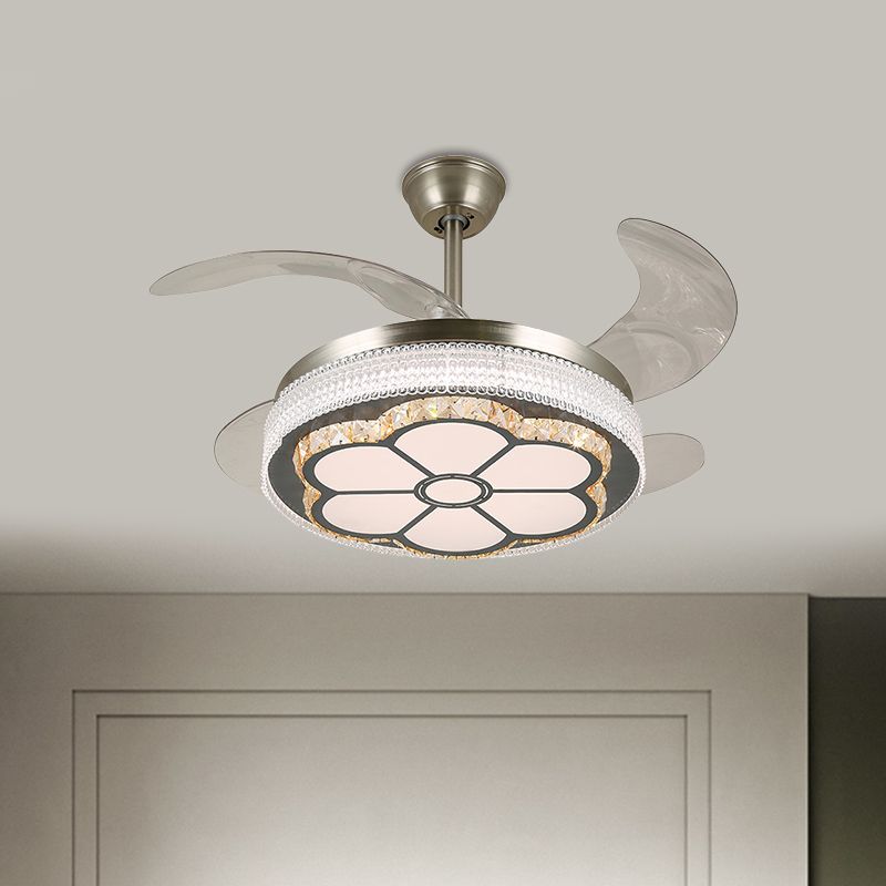 Stainless-Steel LED Semi Flush Light Contemporary Crystal Blocks Circular 4 Blades Ceiling Fan Lamp, 19" Width