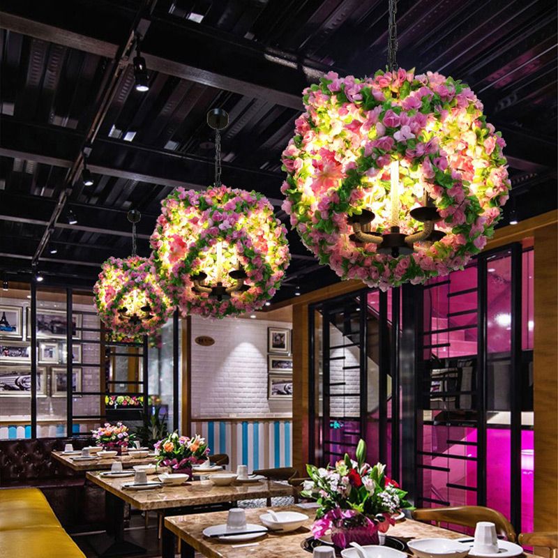 Industrial Global Chandelier Light Fixture 3 Lights Metal LED Flower Pendant Lamp in Pink for Restaurant