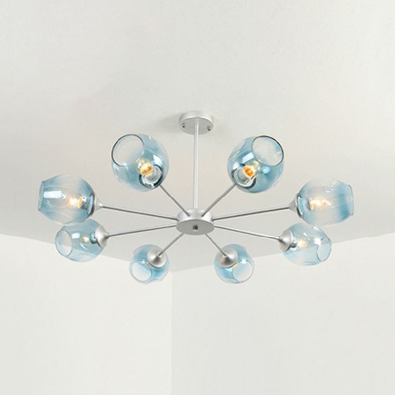 Modernist 3/6/8 Lights Hanging Chandelier Black/Chrome Sputnik Suspension Pendant with Blue/Amber Glass Shade