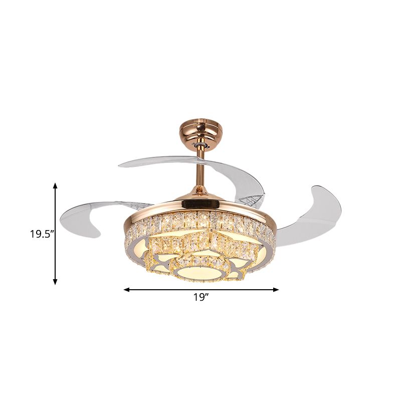 Simple Lotus Hanging Fan Lamp Crystal Block 19" Wide LED Bedroom Semi Flush Light in Gold/Chrome with 4 Blades