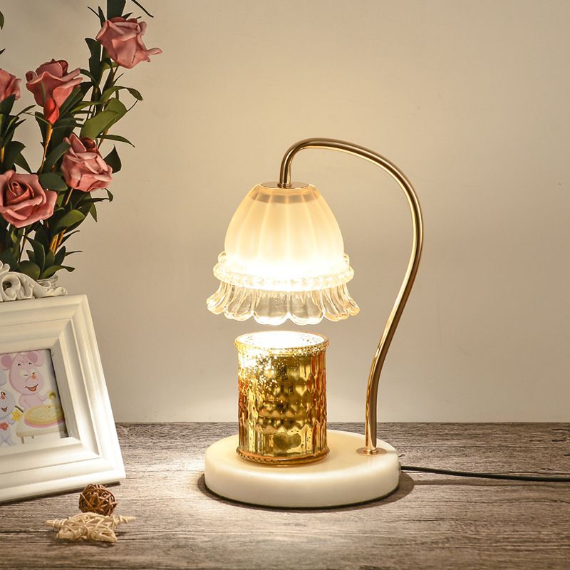 Tan Glass Flower Nightstand Lamp Designer 1-Light White and Brass Gooseneck Table Light