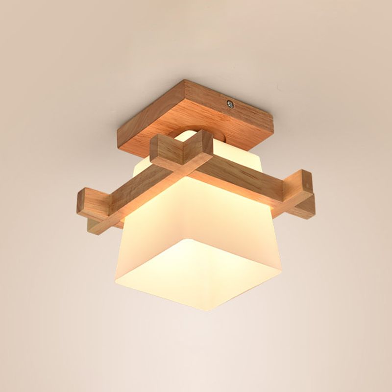 Beige 1 Light Ceiling Lighting Natural Wood Rectangle Semi Flush Mount Lighting for Home Office