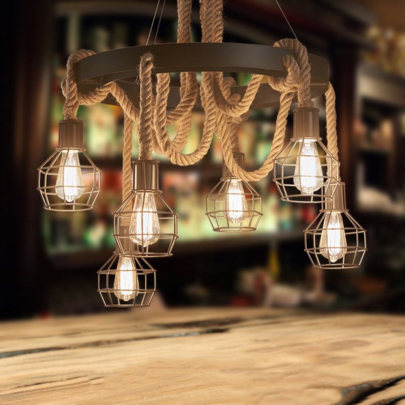 Black Wire Cage Wagon Wheel Chandelier Lights Antique Industrial Hemp Rope Restaurant Drop Lamp