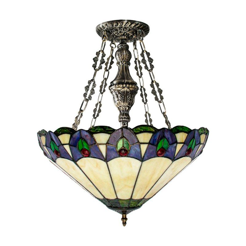 Mission Conical Pendant Chandelier 3-Light Stained Glass Hanging Light in Beige for Dining Room