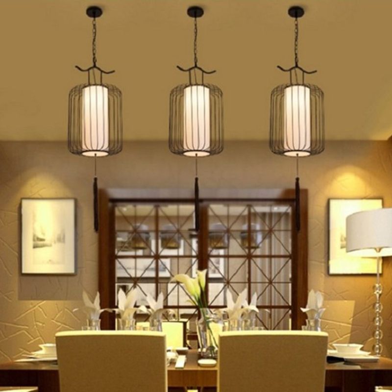 Vertical Cage Shade Pendant Lighting New Chinese Style Retro 1 Light Restaurant Hanging Lamp