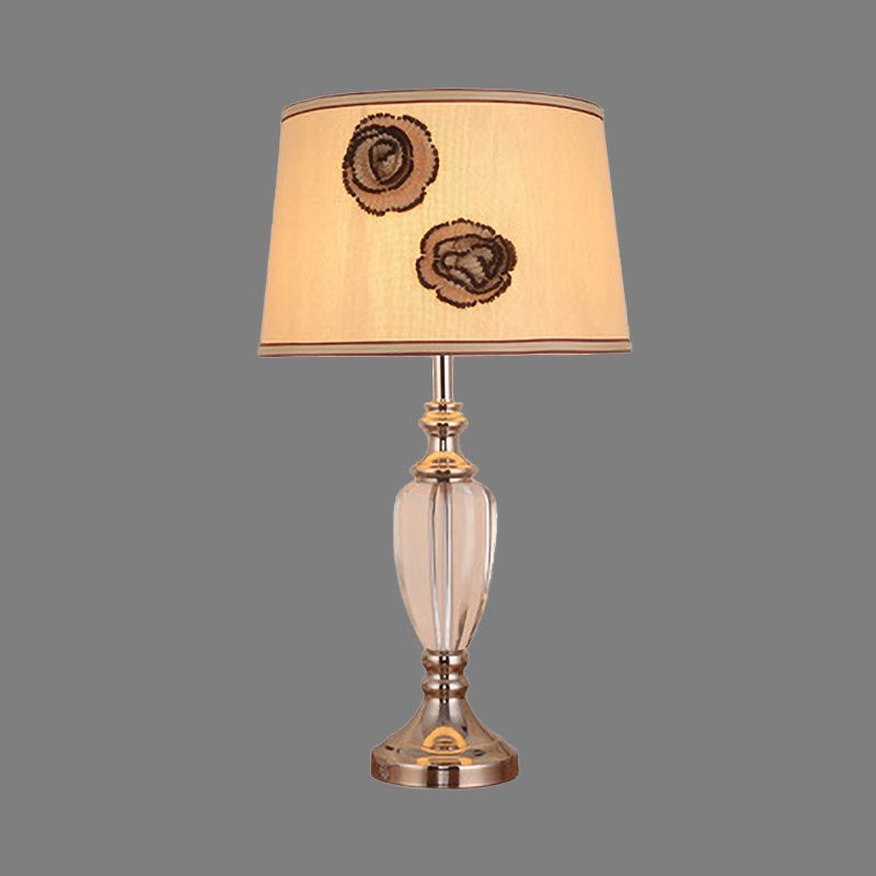 1 Head Bedroom Desk Light Modern Beige Night Table Lamp with Barrel Fabric Shade