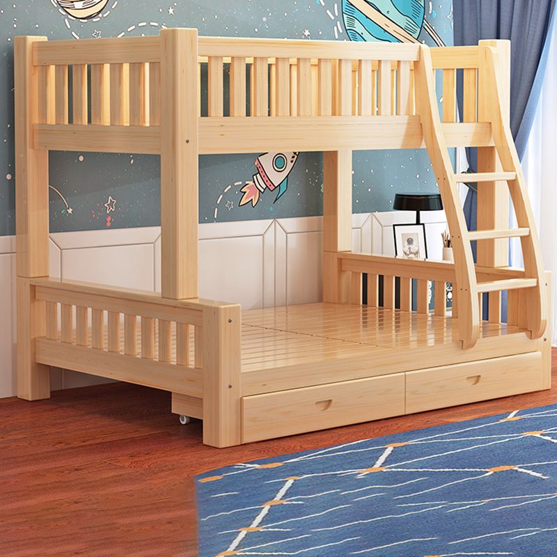 Contemporary Solid Wood Bunk Bed in Natural Kid Bed with Stairway