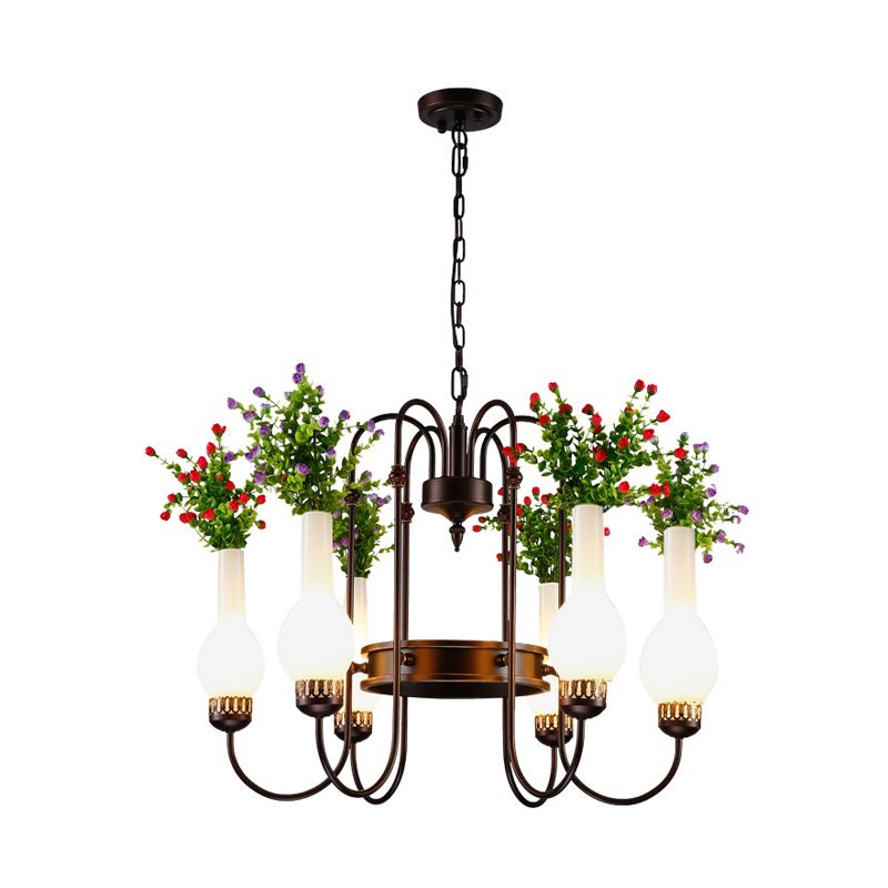 Loft Vase Chandelier Light Fixture 6 Heads Opal Glass Pendant Lamp in Black with Artificial Plant