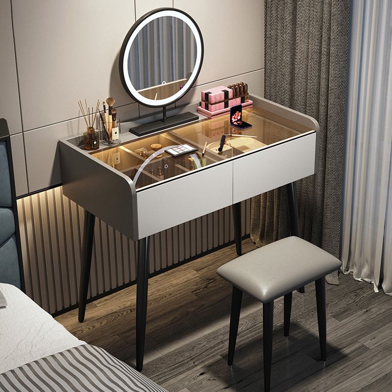 Contemporary Vanity Table and Stool Set Glass Top Vanity Dressing Table