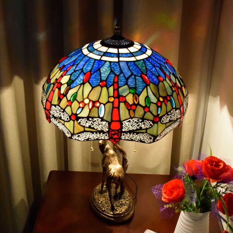 Dragonfly Stained Glass Night Light Mediterranean 2-Bulb Yellow/Orange/Green Table Lamp with Pull Chain and Elk Decor