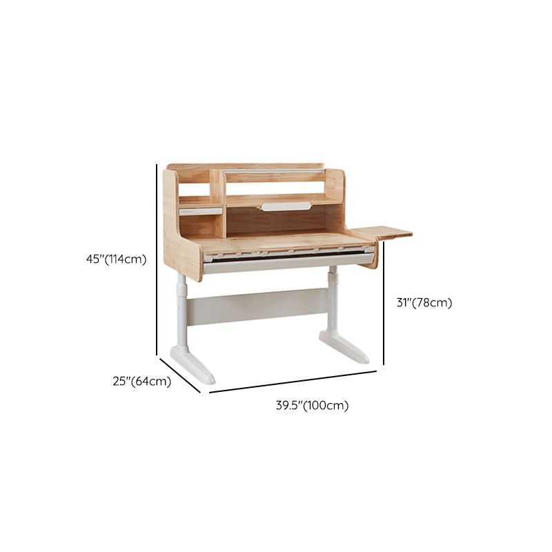 Rubber Wood Natural Adjustable Writing Table with 1 Drawer and Shelves