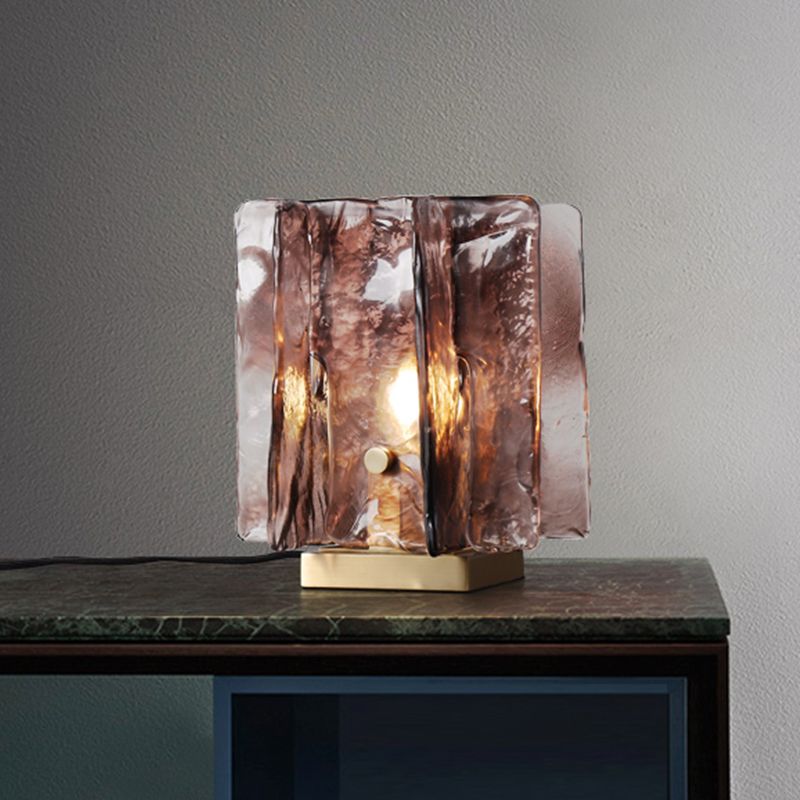 Modernist Shaded Task Lighting Brown Glass 1 Head Nightstand Lamp in Brass with Metal Base