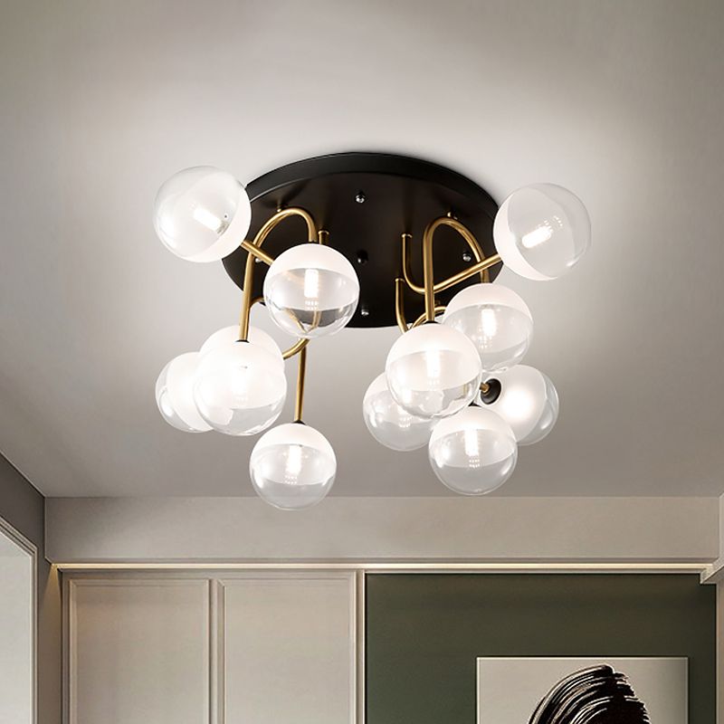 White Glass Globe Flush Lighting Modernist 12-Head Ceiling Flush Mount in Brass for Living Room