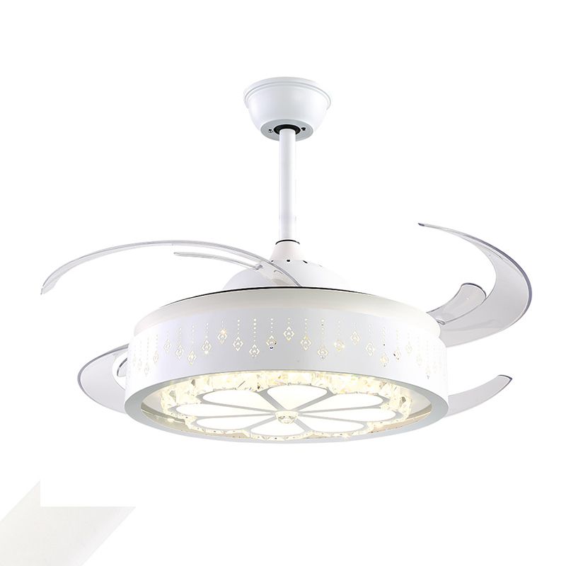 Faceted Crystal Flower Ceiling Fan Light Modern Style White Carved LED Semi Flush Lamp