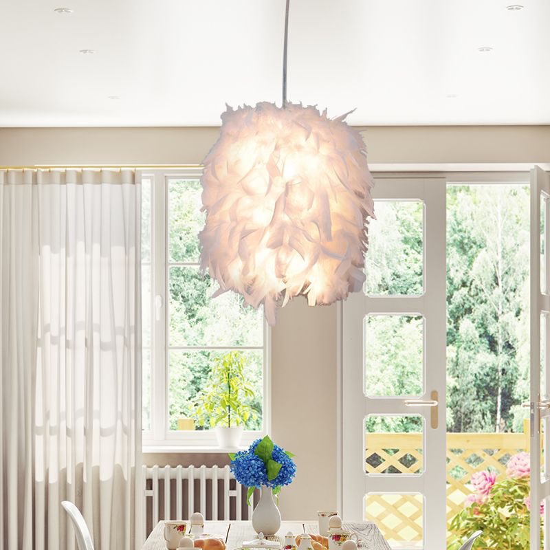 Fabric Feather Hanging Light Kit Contemporary 1 Head White Pendant Ceiling Lamp over Dining Table