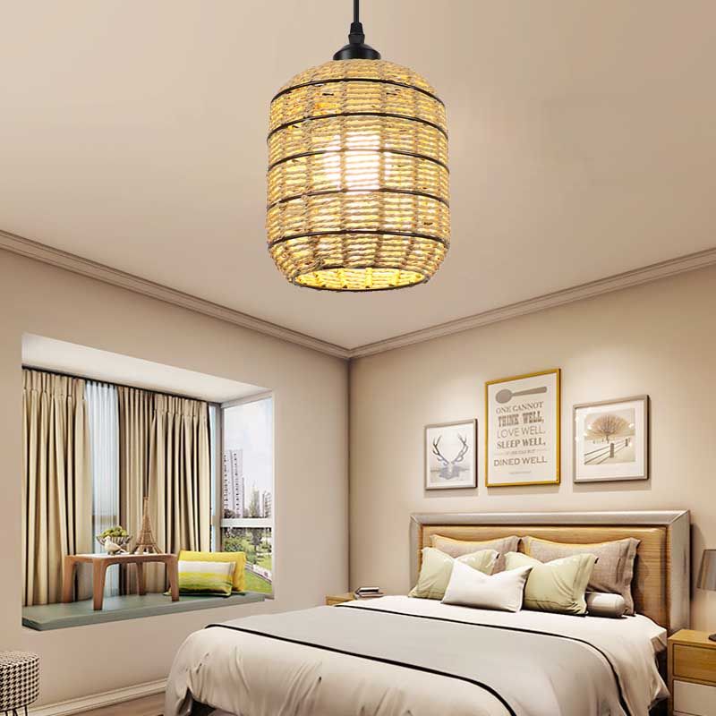 Lantern Suspension Anhänger Asian gewebtes Rattan Single Light Beige Anhängerlampe für Schlafzimmer