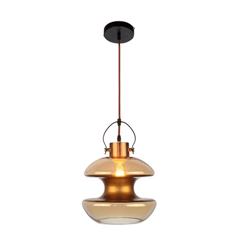 Loft Gourd/Schoolhouse/Mushroom Pendant Single Head Amber Glass Hanging Ceiling Lighting for Dining Hall