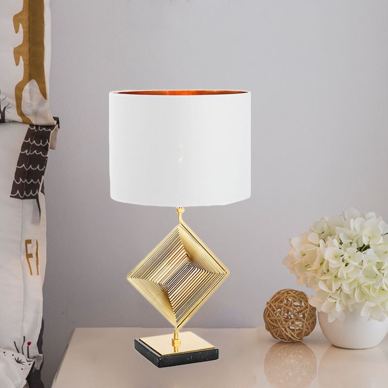 Pyramid Bedroom Table Light Metallic 1 Light Modern Desk Lamp in Gold with White Fabric Shade