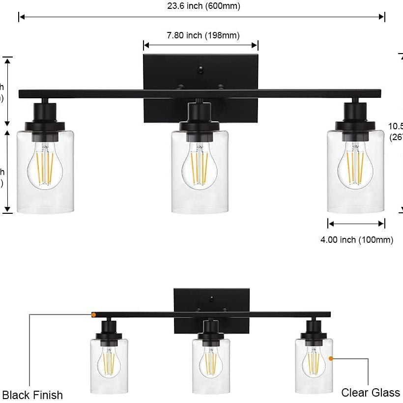 Luz de pared de tocador de cilindros de 3 luces Luz de tocador de vidrio de estilo industrial retro