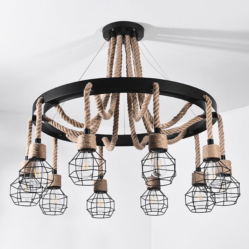 Beige Ceiling Hung Fixture Rustic Style Rope Caged Hanging Chandelier Light for Restaurant