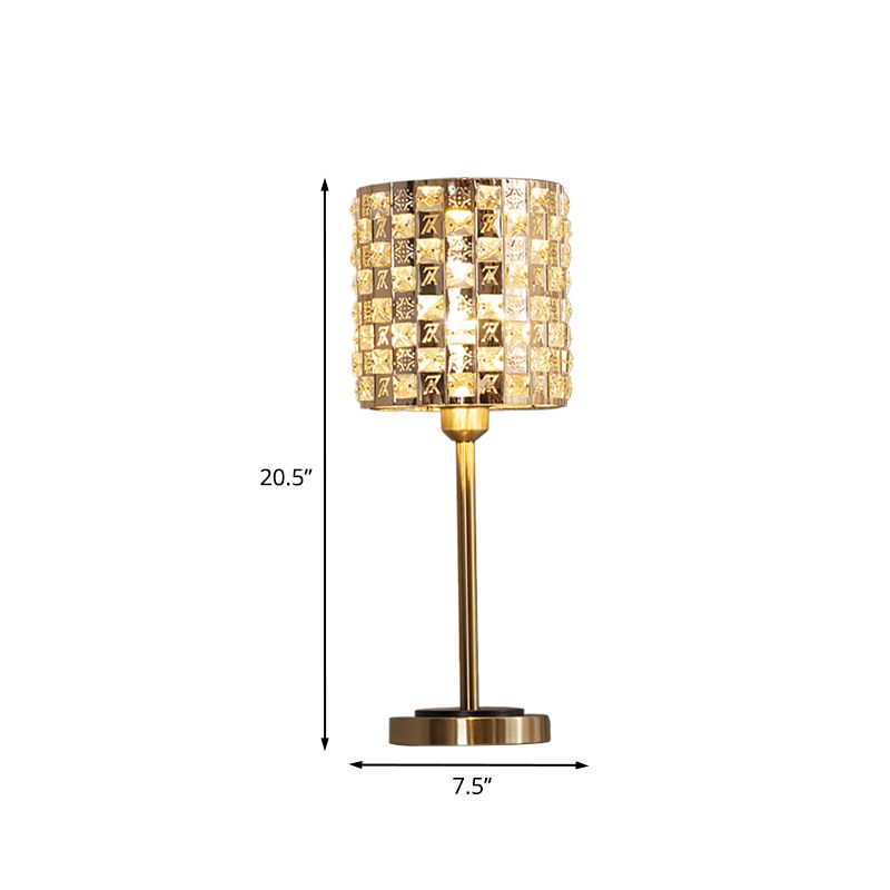 Minimalist Cylindrical Night Table Lighting Inserted Crystal 1 Bulb Bedroom Nightstand Lamp in Brass