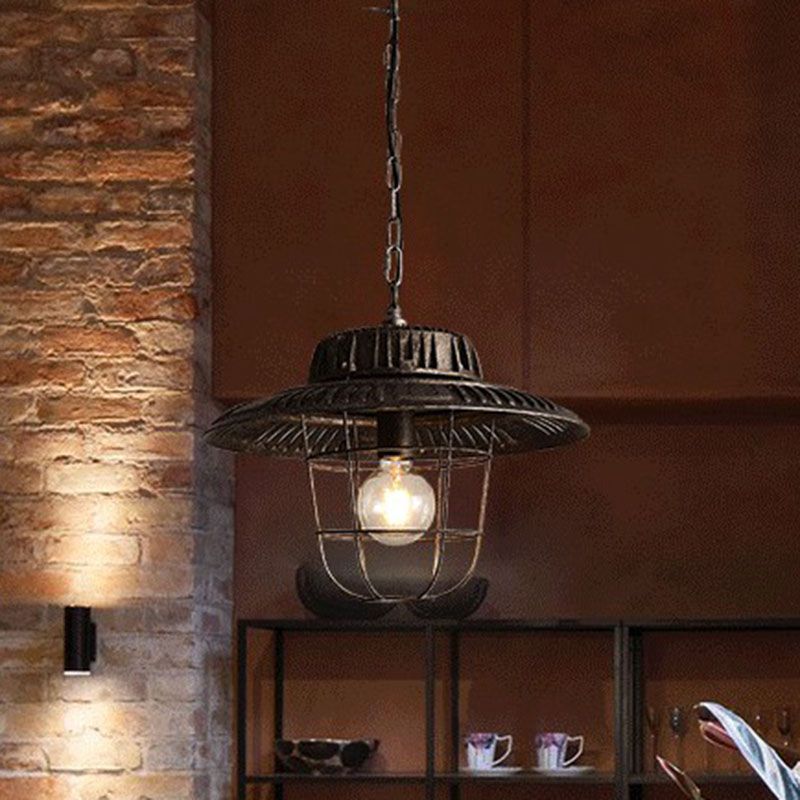 Vintage Pot Cover Ceiling Light Single Iron Hanging Pendant Light in Antique Black