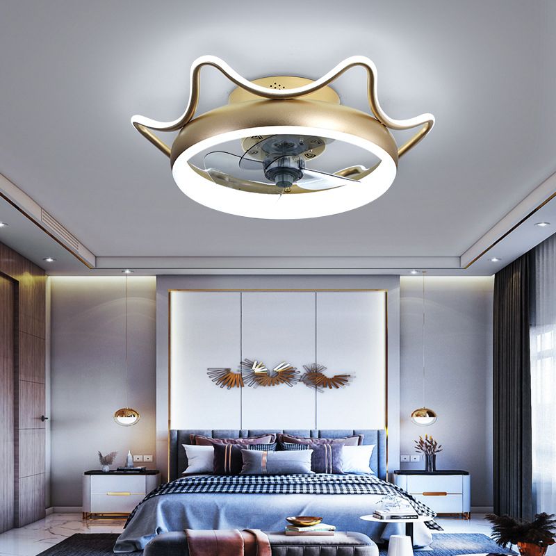 Gold Finish Round Ceiling Fan Light Simplicity LED Metal Semi Mount Lighting for Bedroom