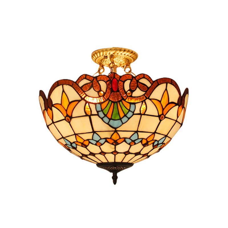 Bowl Semi Flush Light Victorian Style Stained Glass 3 Lights Semi Flushmount in Blue/Brown for Foyer