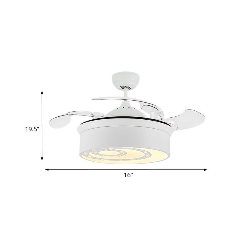 16" W White Floral/Drum Ceiling Fan Light Modern Crystal Bedroom LED Semi Flush Mount with 3 Retractable Blades