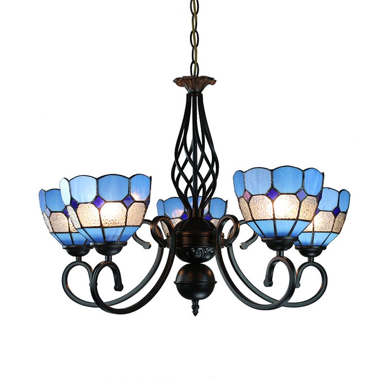 5 Lights Bowl Chandelier Lighting with Adjustable Chain Glass Shade Mediterranean Blue Pendant Light