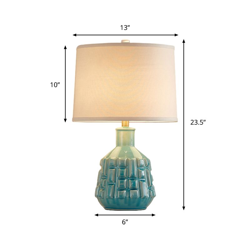 Fabric Scalloped Bell/Drum Table Lamp Vintage 1 Bulb Parlor Nightstand Light with Ceramic Pot Base in Blue