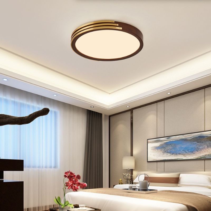 1-Light Round Flush Mount Modern Wood Flush Light in Brown for Bedroom