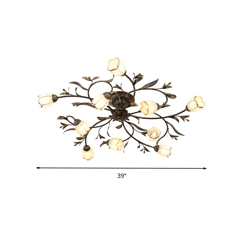 10 Lights Opal Glass Semi-Flush Mount Rustic Brass Blossom Dining Room Ceiling Lighting